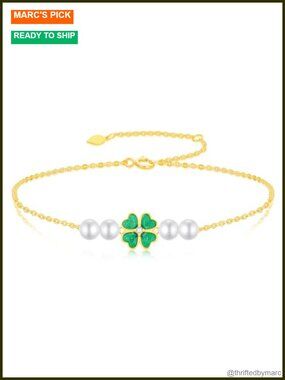 14k Gold Four Leaf Clover Bracelet Freshwater Pearl Lucky Jewelry Gift